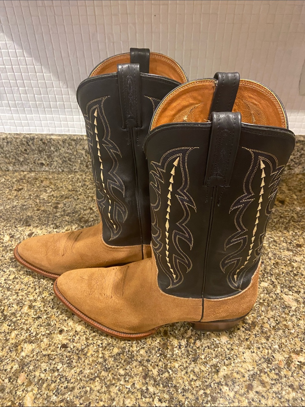 Vintage Nocona Tan Suede Foot with Black Leather Shaft Cowboy Boots
